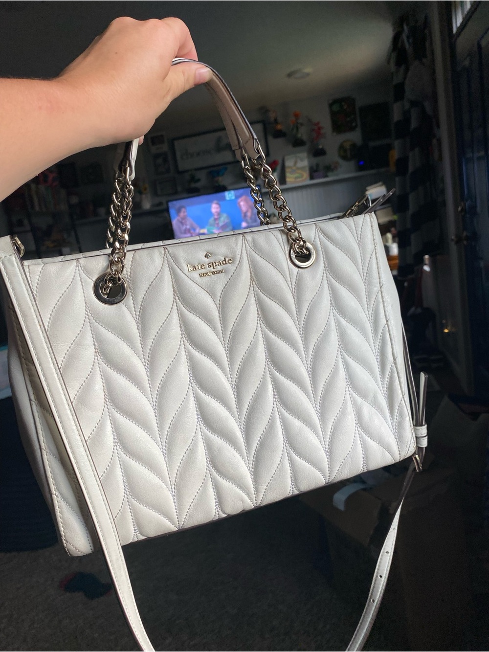 kate spade White Quilted Leaf-Pattern Satchel with Chain Handles